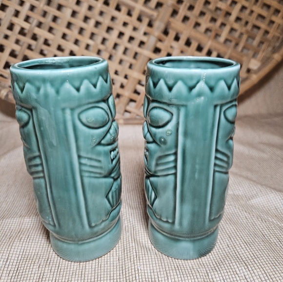 Vintage MCM Ceramic Blue Turquoise Green Tiki Tall Mug Cup Glasses Set 2 DW113 - Picture 7 of 11